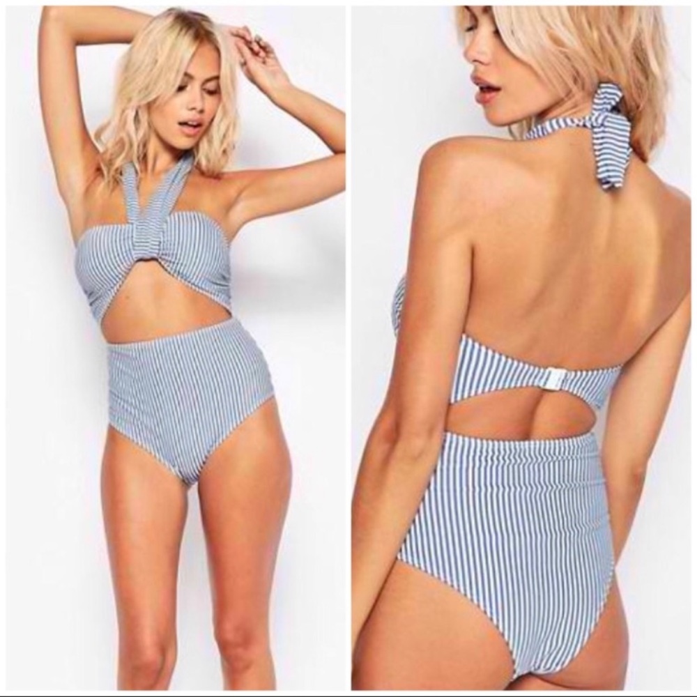 ASOS Seersucker Stripe Wrap Neck Bandeau Swimsuit